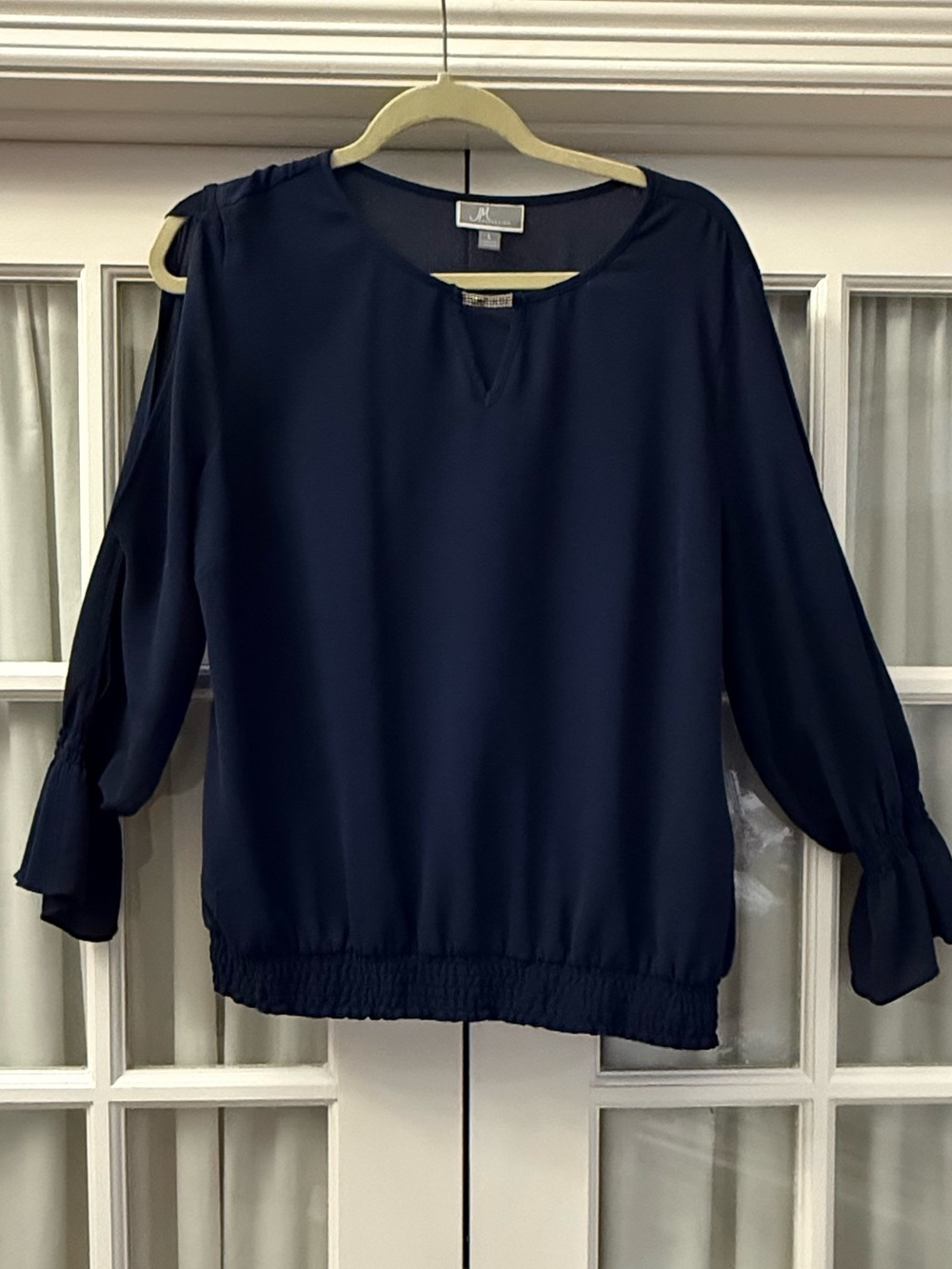 JM Collection Navy Cold-Shoulder Blouse with Smocked Hem